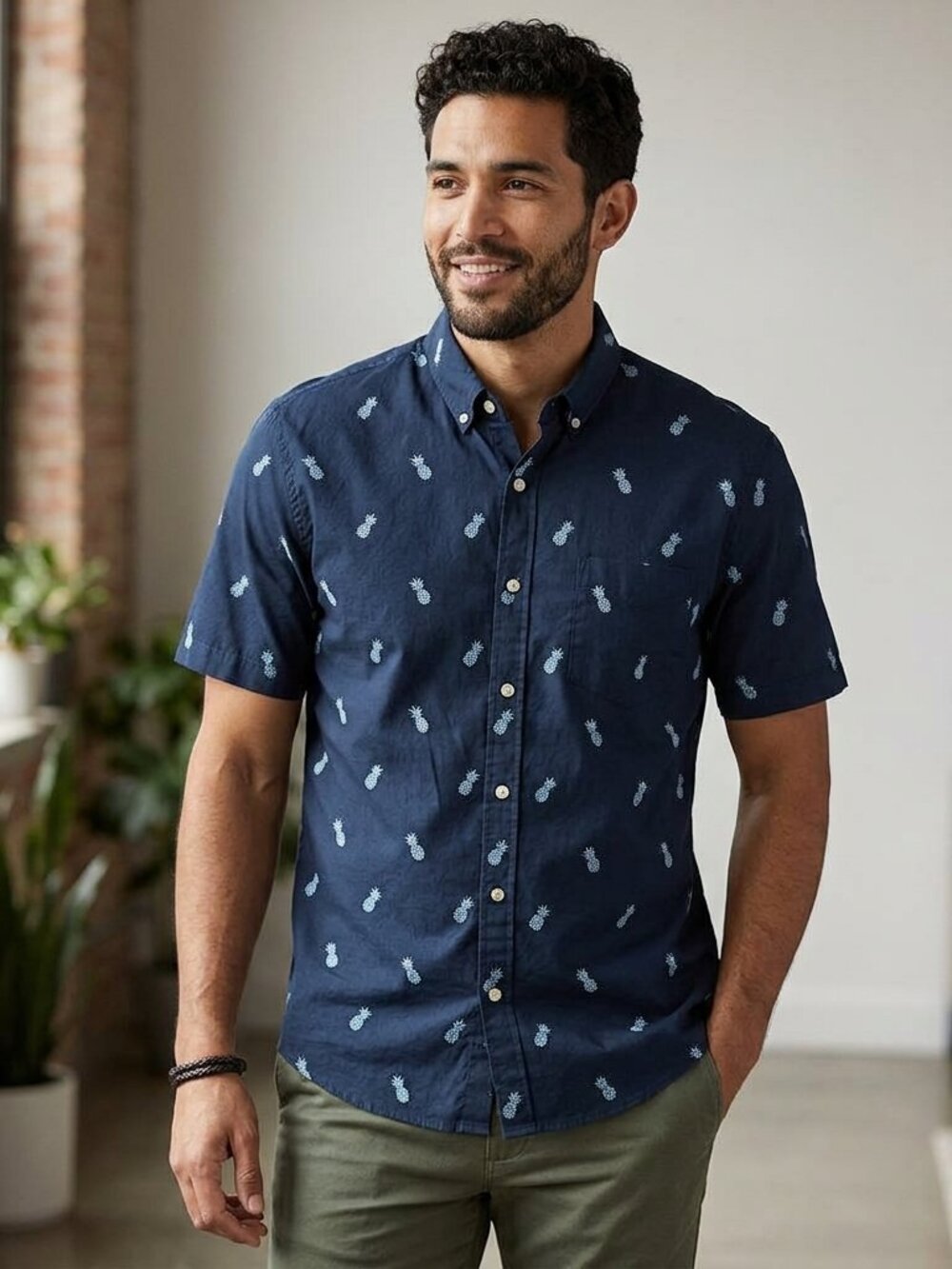 Van Heusen Men's Short Sleeve Pineapple Button down Shirt Navy Blue L